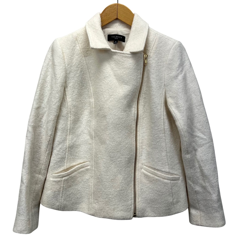 Talbots Petites Boiled Wool Blend Moto Jacket Womens 6P Ivory Asymmetrical Zip